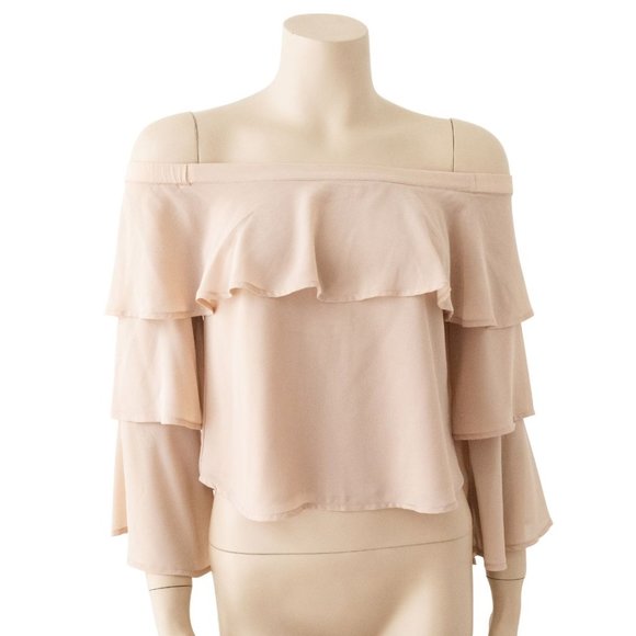 Bardot Tops - Bardot Off The Shoulder Ruffle Top in Nude - Size 6